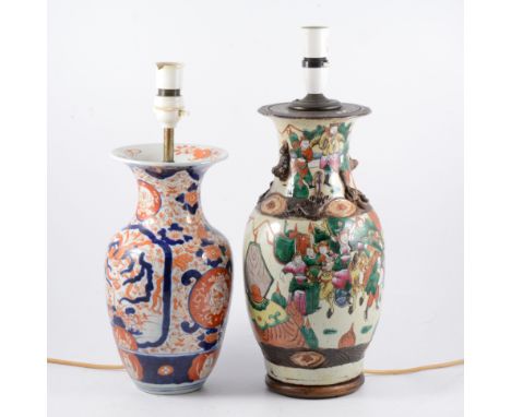 Table lamp, modelled with a Chinese vase, Famille Verte; an Imari vase; and a raspberry glass lampshade.