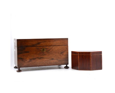Victorian rosewood tea caddy, rectangular form, on bun feet, fitted interior, 35cm; and a Georgian mahogany lozenge shape tea