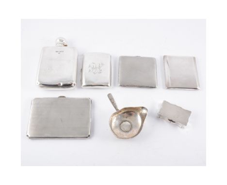 Four silver cigarette cases and other silver collectables, three cigarette cases engine turned and one plain with monogram, h