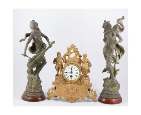 French gilt spelter mantel clock, white enamel dial, cylinder movement, (lacking pendulum), 32cm and a pair of French spelter