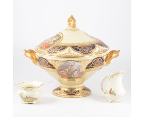 Pauly of Venezia large lidded comport, scenic vignettes and gilded knop and handles, 30cm high, a Staffordshire recumbent lio