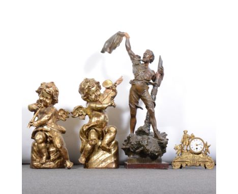 After Waagen, Spelter figure, damaged, square plinth, 85cm; a French gilt Spelter mantel clock; and two gilt composition cher