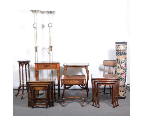 Reproduction mahogany hall table, with a frieze drawer, the legs joined by a shelf; reproduction hardwood plant stand, Edward