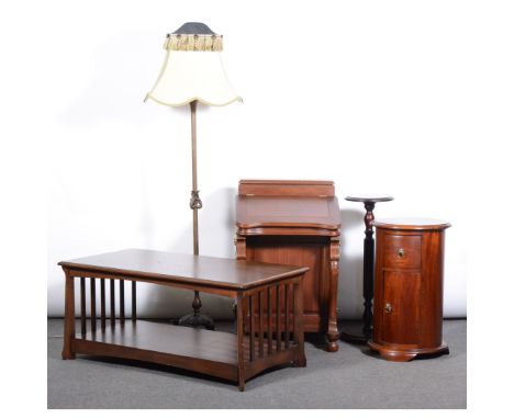 Reproduction hardwood pedestal, cylindrical form, 67cm; reproduction hardwood Davenport; writing slope enclosing interior, ca