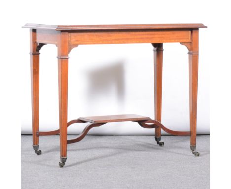 Late Victorian mahogany side table, rectangular top with broad satinwood cross-banding, boxwood and ebony stringing, moulded 