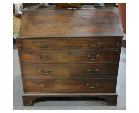 George III mahogany bureau, adapted, the slope front dummy drawer fascia, hinge to reveal an open interior, bracket feet, wid