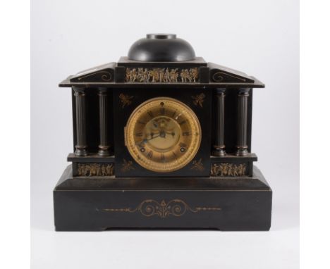 Victorian slate mantel clock, architectural case, circular dial, with Roman numerals, visible escapement, Ansonia spring move