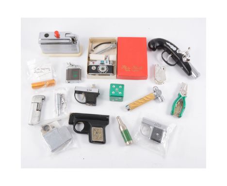 Novelty cigarette lighters, inclusing a boxed Photo-Flash table lighter, an Art Deco chrome Barclay lighter, Kem inc bottle s