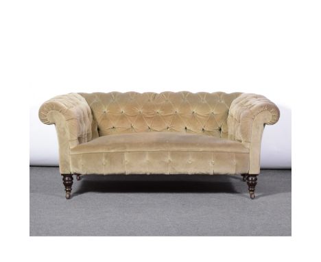 A Chesterfield settee upholstered in green button back dralon, turned and ringed legs, length approximately 167cm, depth 81cm