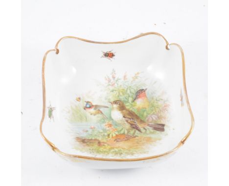Porcelain Bowl, 19th Century square base with shaped and gilt rim, central panel painted with birds and insects, crossed swor