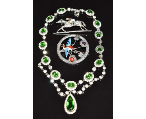 Art Deco paste necklace, silver brooch in the form of a horse and jockey set with paste and enamel and a silver brooch by W.B