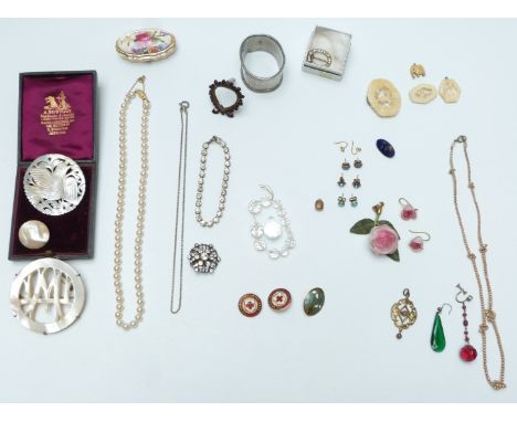 A collection of jewellery including mother of pearl brooches, c1900 silver paste buckle, bone brooch, faux pearls etc