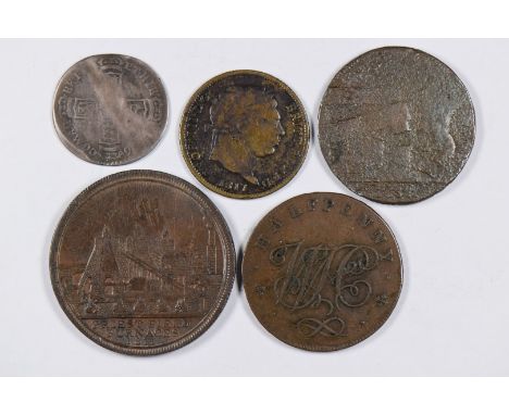 1696 William III silver sixpence York Mint, F, together with a contemporary forging George III shilling, and three copper tok