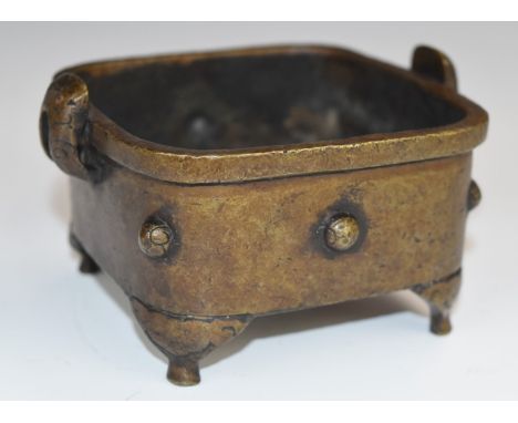Chinese bronze twin handled censer with seal mark to base, W11 x D10 x H7cm
