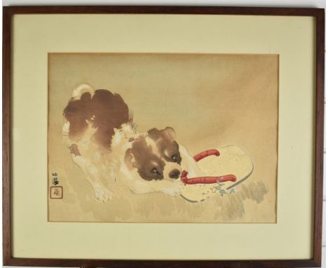 Japanese watercolour study of a dog playing, signed to left hand side, 32 x 43cm, in wooden frame