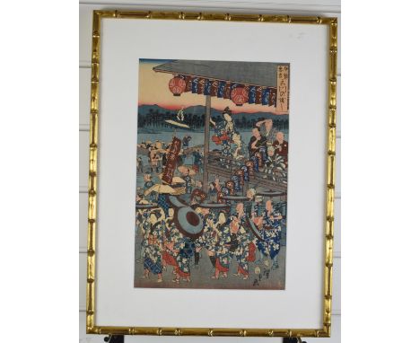 Utagawa Hiroshige (1797-1858) Japanese woodblock print of a lively village scene with ferry, 35 x 23.5cm
