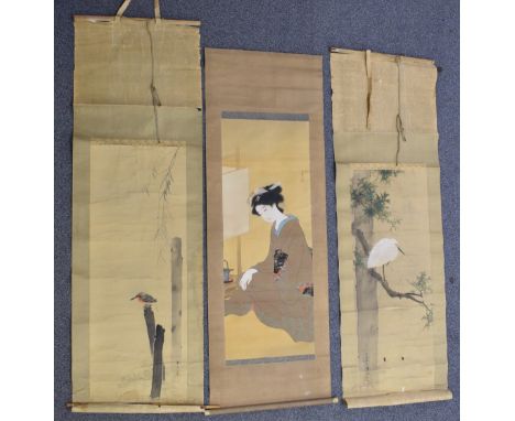 Three 19th/20thC Chinese / Japanese scroll paintings of a lady and birds, largest 177 x 56cm