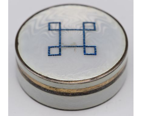 Russian silver and white guilloché enamel trinket box with blue geometric decoration to lid, with 84 Russian silver marks to 