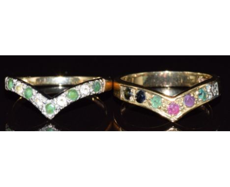 Two 9ct gold rings, one set with emerald and paste and one quartz, sapphire, ruby, amethyst, emerald and diamond, 3.6g, size 