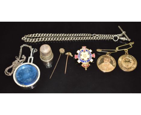A silver Albert, Art Deco necklace, silver thimble, 9ct gold stick pin set with a ruby, etc