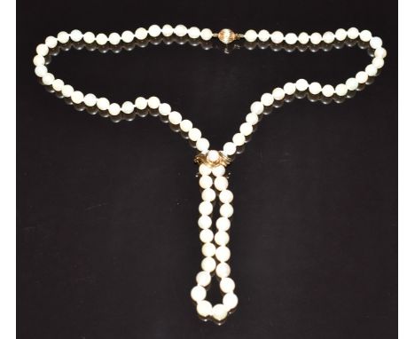 A single&nbsp;strand of cultured pearls, the 9ct gold clasp and 9ct gold slider set with a further pearl,&nbsp;