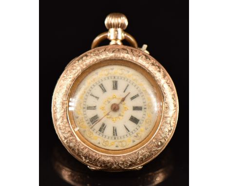 Unnamed 14ct gold ladies keyless winding open faced pocket watch with gold hands, black Roman numerals, gilt decorated white 