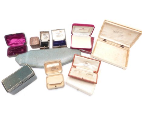 A collection of vintage jewellery boxes including 'Goldsmiths &amp; Silversmiths Company', 'Parsons, Bristol', Ciro, 'Mikimot