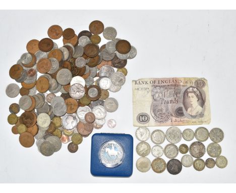 A collection of largely UK coinage, the earliest a George III halfpenny, also includes approximately 173g of mixed silver, Qu