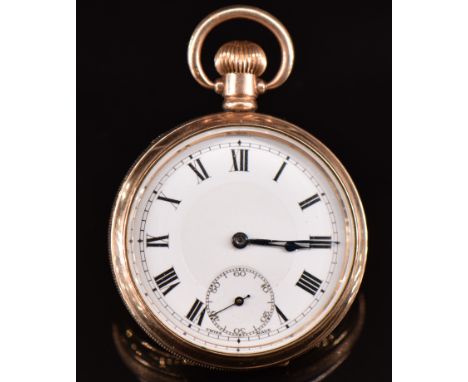 Oreba gold plated keyless winding open faced pocket watch with inset subsidiary dial, blued hands, black Roman numerals, whit