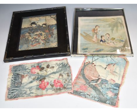 Four Japanese watercolours/woodblocks, two framed, largest 28 x 32cm