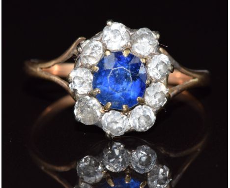 Victorian ring set with a cushion cut sapphire of approximately 1ct surrounded by old cut diamonds, 2.5g, size R&nbsp;