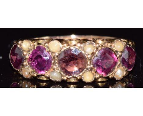 Victorian 15ct gold ring set with garnets and pearls, with engraved band, Birmingham 1873, 2.1g, size N