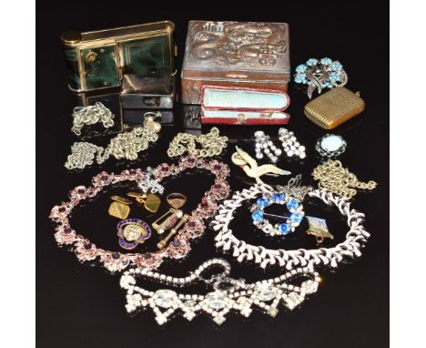 A collection of costume jewellery including vintage necklaces and earrings, watch chains, Japanese box, 9ct gold back and fro