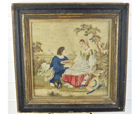 18th/19thC tapestry depicting a lady and gentleman courting in a garden with country house beyond, 31 x 32cm, in part gilt fr