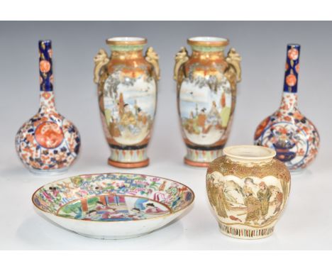19thC Chinese famille rose dish decorated with a court scene, a pair of Japanese Satsuma vases marked to base, another Japane