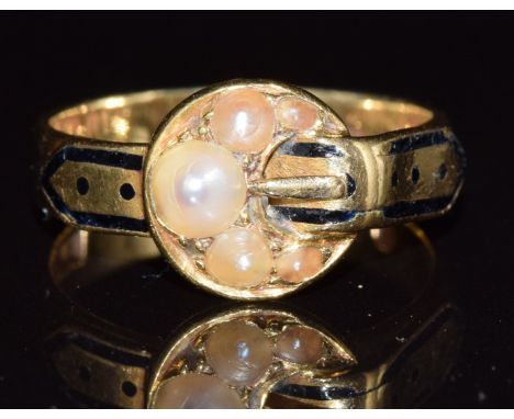 Victorian 18ct gold ring set with pearls and black enamel in a buckle design, London 1877, 4g, size M