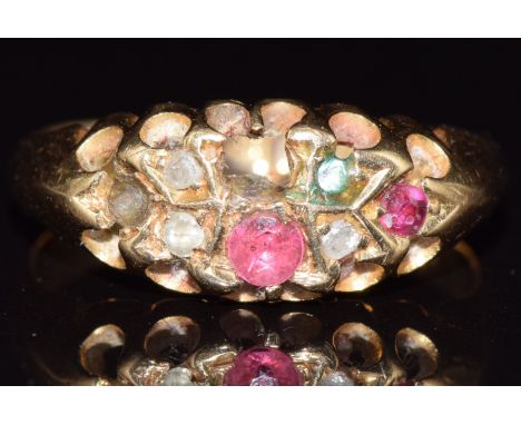 A c1915 18ct gold ring set with rubies and diamonds, 3.4g, size M