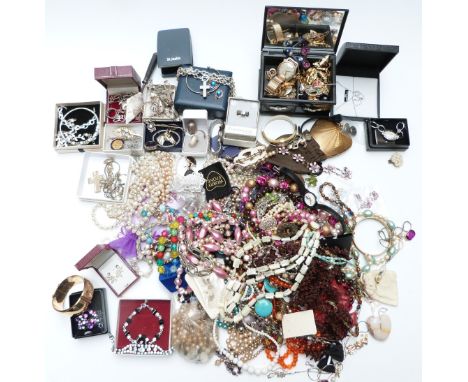 A collection of costume jewellery including silver earrings, silver necklaces and bracelets, Roamer watch, vintage brooches, 