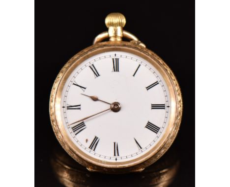 Unnamed 18ct gold keyless winding open faced pocket watch with gold hands, black Roman numerals, white enamel dial, engraved 