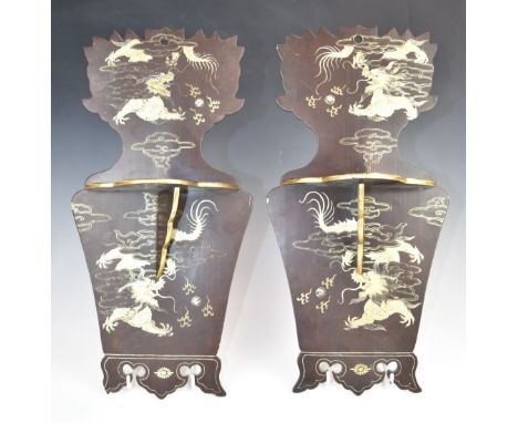 Japanese Meiji period pair of lacquer wall brackets with folding shelves and gilt decoration depicting a dragon chasing a fla