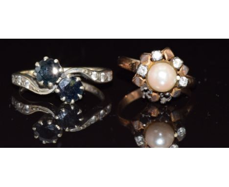 A 9ct gold ring set with sapphires and spinel and a yellow metal ring set with a pearl, 7g, sizes P &amp; K