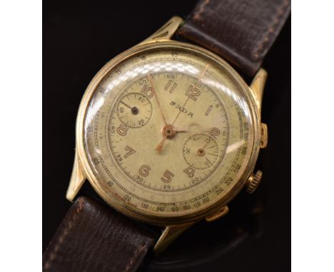Sada gentleman's chronograph wristwatch with gold hands and Arabic numerals, champagne dial, gold plated case and unsigned mo