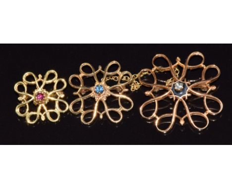 Three 9ct gold brooches, one set with a diamond, one sapphire and one ruby, 7g&nbsp;