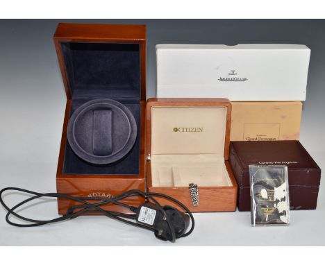 Girard-Perregaux watch box, Jaeger-LeCoultre service box, Citizen watch box and a Rotary watch winder box