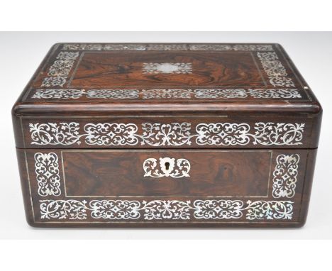 19thC mother of pearl inlaid rosewood travelling / vanity box with fitted interior, campaign brass handles, secret drawer, re