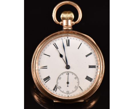 Dimier Freres &amp; Co gold plated keyless winding open faced pocket watch with inset subsidiary dial, blued hands, black Rom