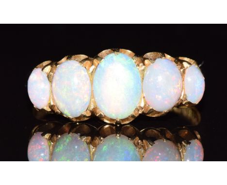 Victorian 18ct gold ring set with five oval opal cabochons, 3.3g, size T