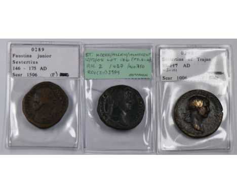 Rome AD103-111 Sestertius of Trajon, together with a Hadrian AD134-8, and Faustina junior example 146-175AD. All F/GF
