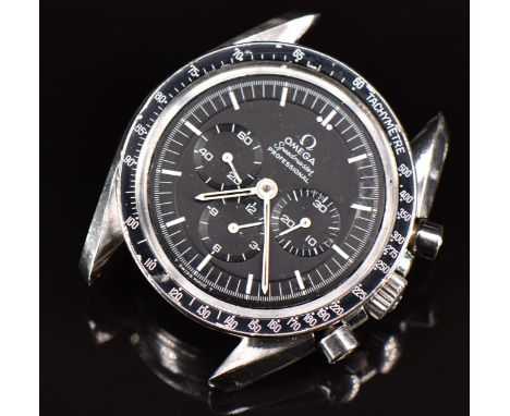 Omega Speedmaster Professional gentleman's chronograph wristwatch ref. 145.022-69 with black stepped dial, luminous hands and