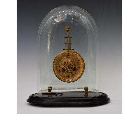 19thC mystery clock, the two train movement swinging from a bracket mounted on a glass panel and striking on a gong, height o